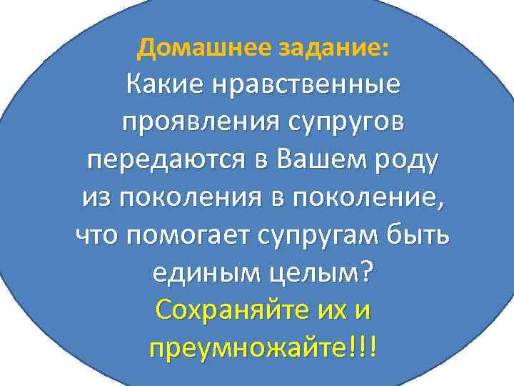 Домашнее задание: Какие нравственные проявления супругов передаются в Вашем роду из поколения в поколение,