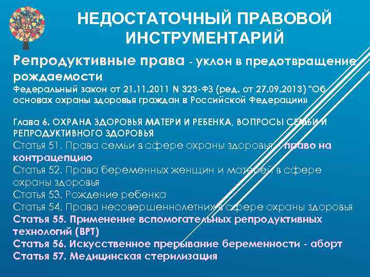 НЕДОСТАТОЧНЫЙ ПРАВОВОЙ ИНСТРУМЕНТАРИЙ Репродуктивные права - уклон в предотвращение рождаемости Федеральный закон от 21.