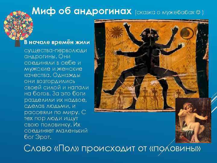 Миф об андрогинах (сказка о мужебабах ) В начале времён жили существа-перволюди андрогины. Они