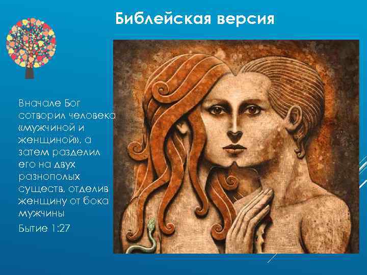 Библейская версия Вначале Бог сотворил человека «мужчиной и женщиной» , а затем разделил его