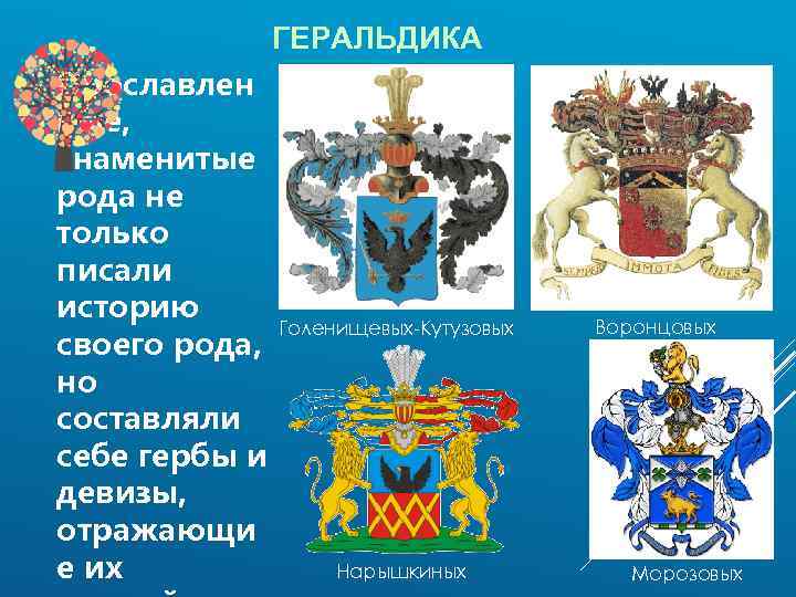 ГЕРАЛЬДИКА Прославлен ные, знаменитые рода не только писали историю своего рода, но составляли себе