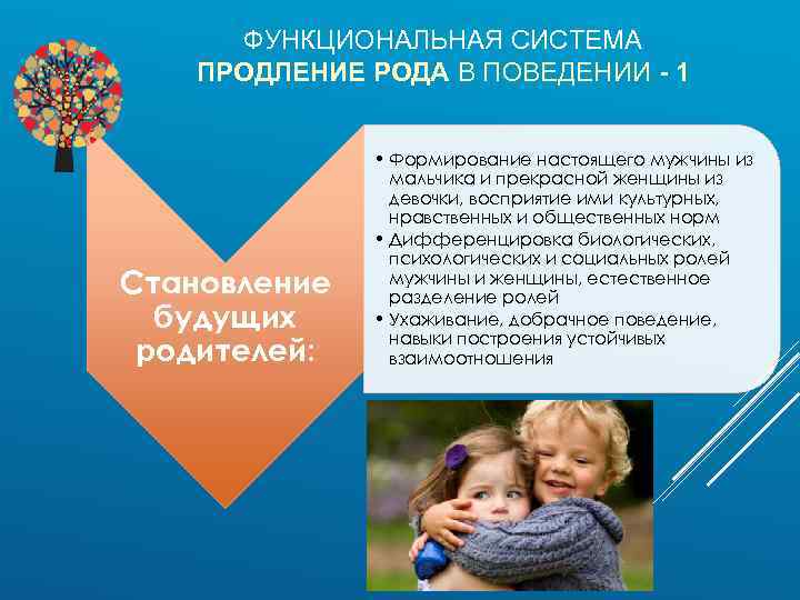 ФУНКЦИОНАЛЬНАЯ СИСТЕМА ПРОДЛЕНИЕ РОДА В ПОВЕДЕНИИ - 1 Становление будущих родителей: • Формирование настоящего