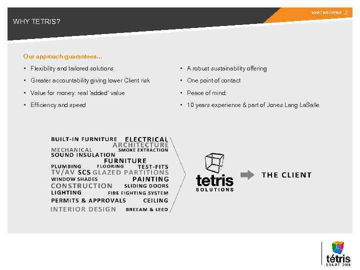 WHAT WE OFFER WHY TETRIS? Our approach guarantees… • Flexibility and tailored solutions •