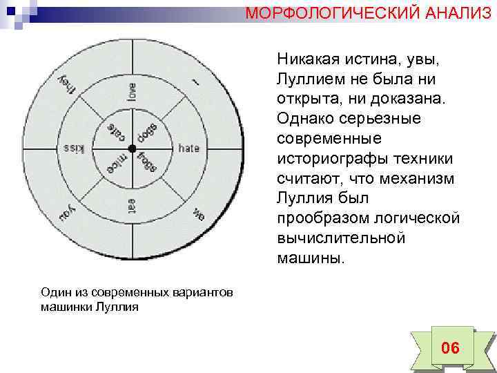 МОРФОЛОГИЧЕСКИЙ АНАЛИЗ Никакая истина, увы, Луллием не была ни открыта, ни доказана. Однако серьезные
