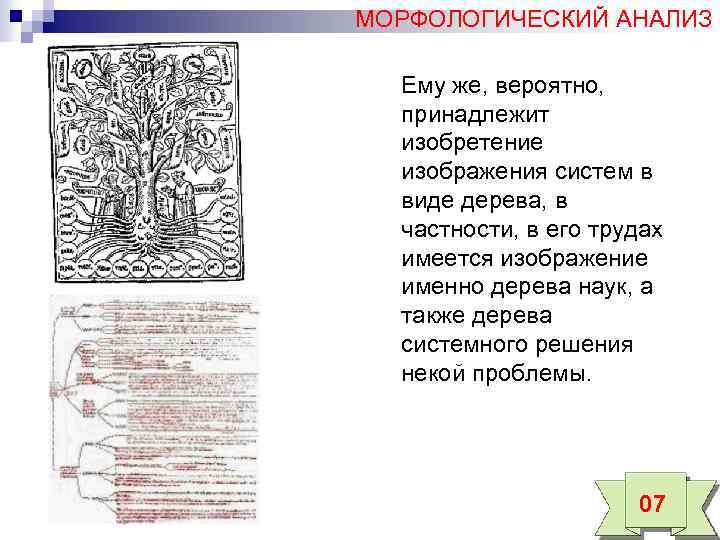 МОРФОЛОГИЧЕСКИЙ АНАЛИЗ Ему же, вероятно, принадлежит изобретение изображения систем в виде дерева, в частности,