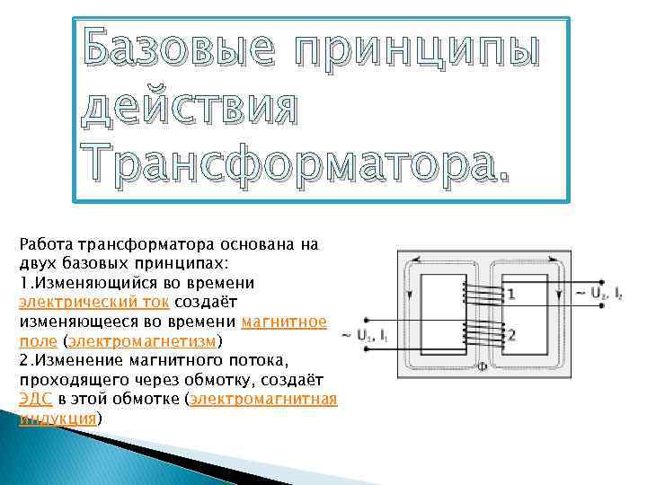 Базовые принципы действия Трансформатора. Работа трансформатора основана на двух базовых принципах: 1. Изменяющийся во