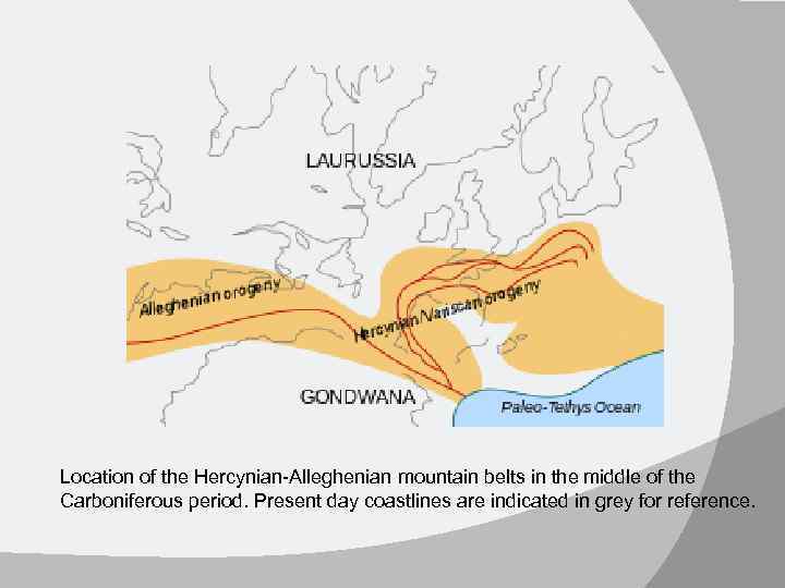 Location of the Hercynian-Alleghenian mountain belts in the middle of the Carboniferous period. Present