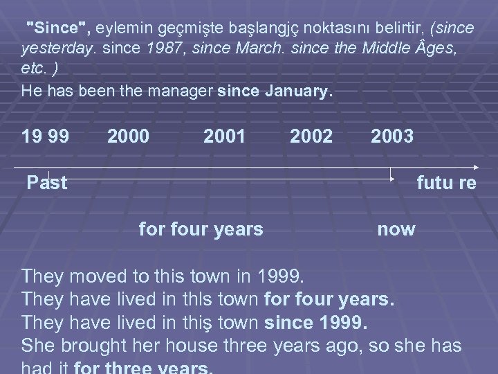 "Since", eylemin geçmişte başlangjç noktasını belirtir, (since yesterday. since 1987, since March. since the