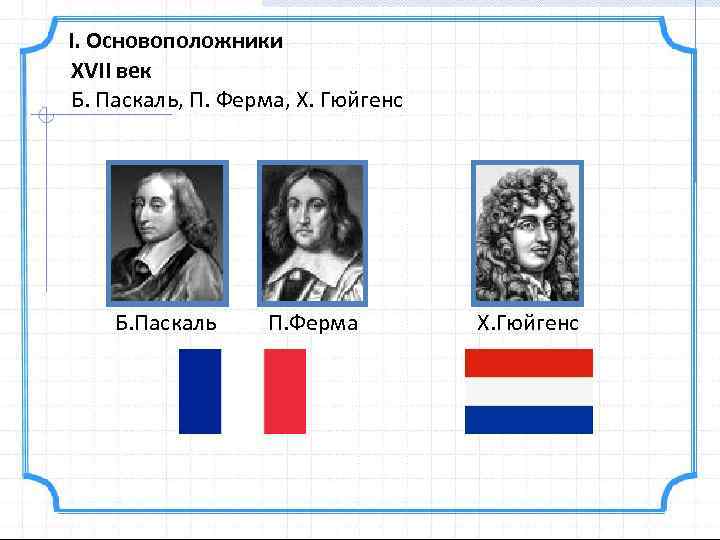 I. Основоположники XVII век Б. Паскаль, П. Ферма, Х. Гюйгенс Б. Паскаль П. Ферма