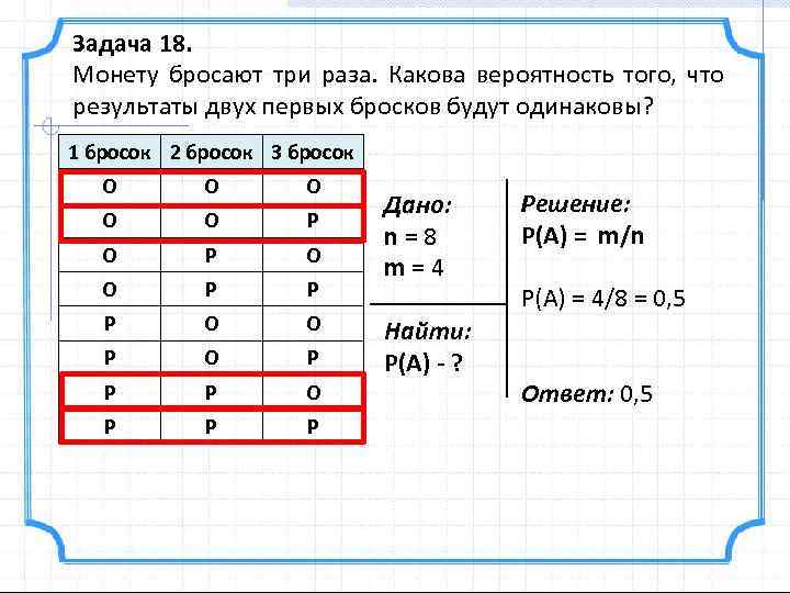 Задача 18. Монету бросают три раза. Какова вероятность того, что результаты двух первых бросков