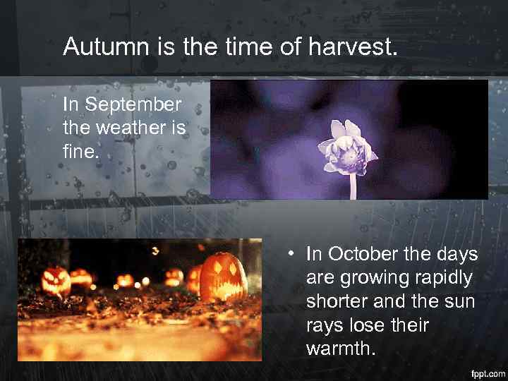 Autumn is the time of harvest. In September the weather is fine. • In