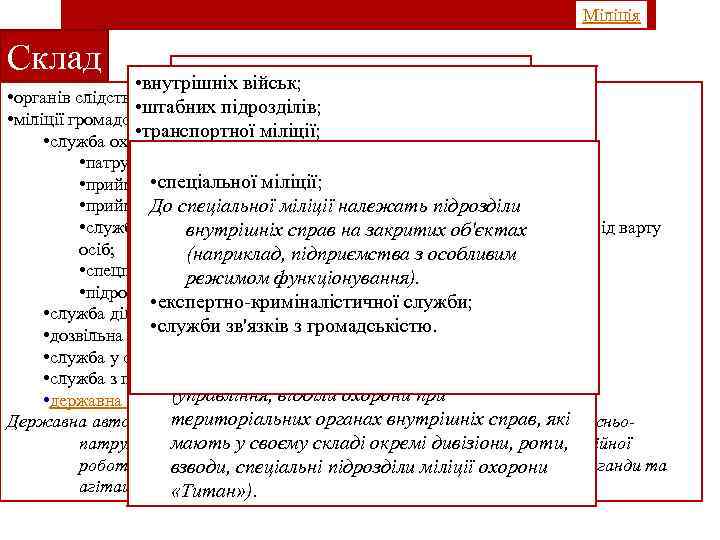 Міліція Склад Міліція складається з підрозділів: • внутрішніх військ; • кримінальної міліції: • органів