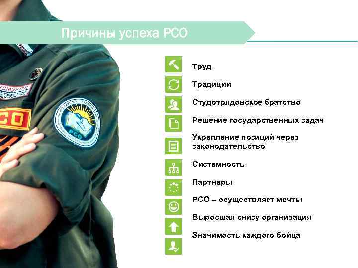 Причины успеха РСО Труд Традиции Студотрядовское братство Решение государственных задач Укрепление позиций через законодательство