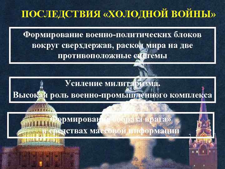 ПОСЛЕДСТВИЯ «ХОЛОДНОЙ ВОЙНЫ» Формирование военно-политических блоков вокруг сверхдержав, раскол мира на две противоположные системы