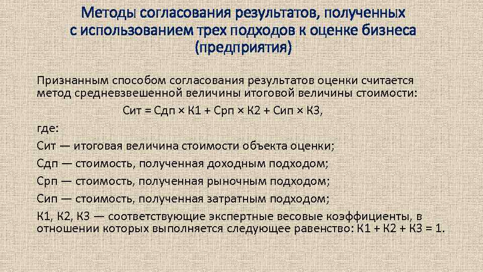 Методы согласования результатов, полученных с использованием трех подходов к оценке бизнеса (предприятия) Признанным способом