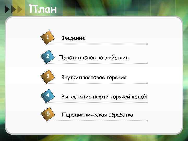 План 1 Введение 2 Паротепловое воздействие 3 Внутрипластовое горение 4 Вытеснение нефти горячей водой