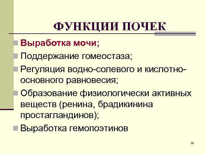 ФУНКЦИИ ПОЧЕК n Выработка мочи; n Поддержание гомеостаза; n Регуляция водно-солевого и кислотно- основного