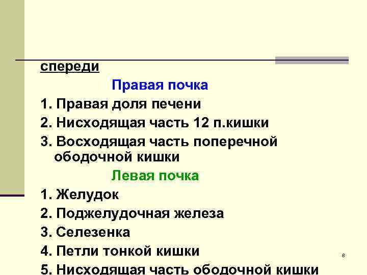 спереди Правая почка 1. Правая доля печени 2. Нисходящая часть 12 п. кишки 3.