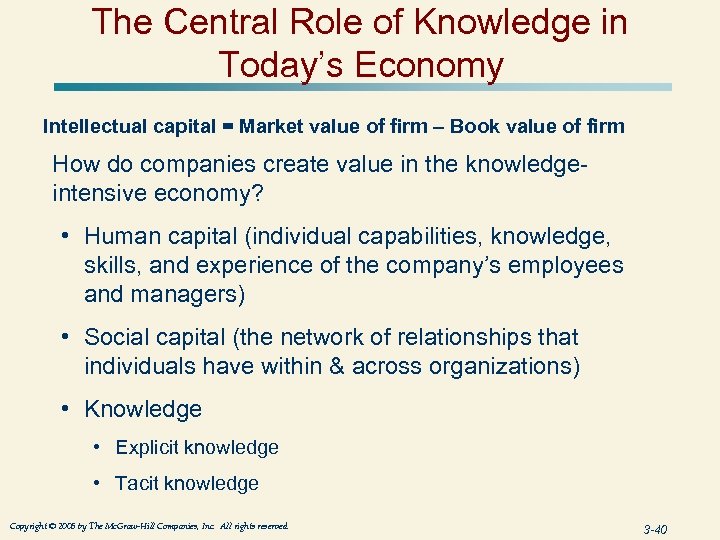 The Central Role of Knowledge in Today’s Economy Intellectual capital = Market value of