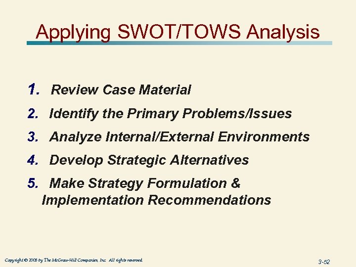 Applying SWOT/TOWS Analysis 1. Review Case Material 2. Identify the Primary Problems/Issues 3. Analyze