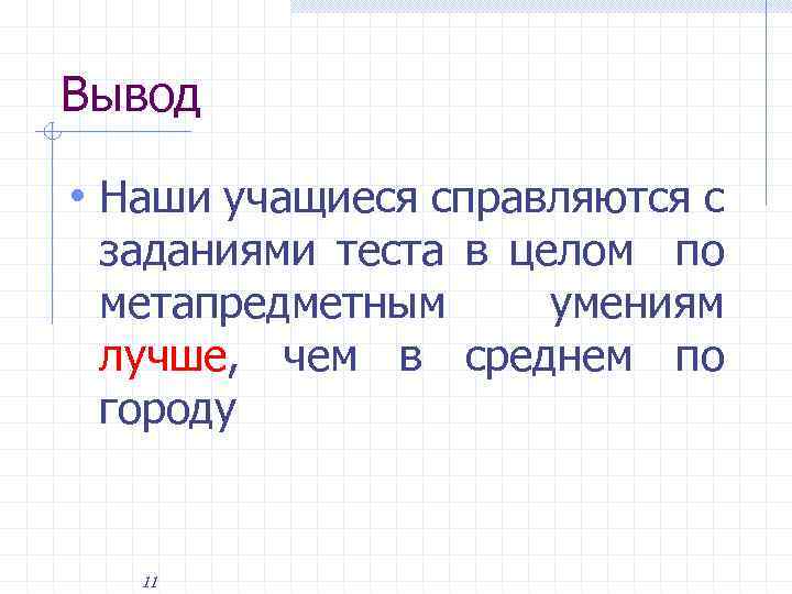 Вывод • Наши учащиеся справляются с заданиями теста в целом по метапредметным умениям лучше,