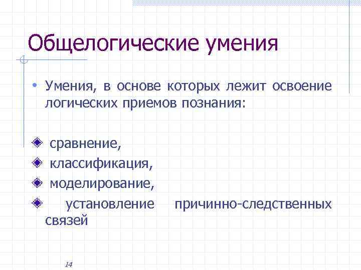 Общелогические умения • Умения, в основе которых лежит освоение логических приемов познания: сравнение, классификация,