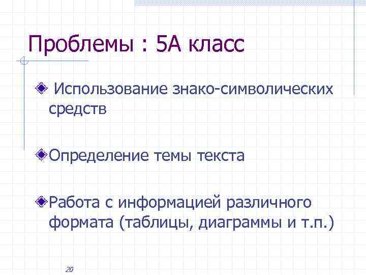 Проблемы : 5 А класс Использование знако-символических средств Определение темы текста Работа с информацией