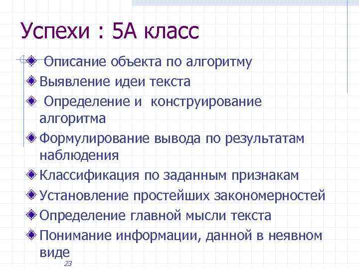 Успехи : 5 А класс Описание объекта по алгоритму Выявление идеи текста Определение и