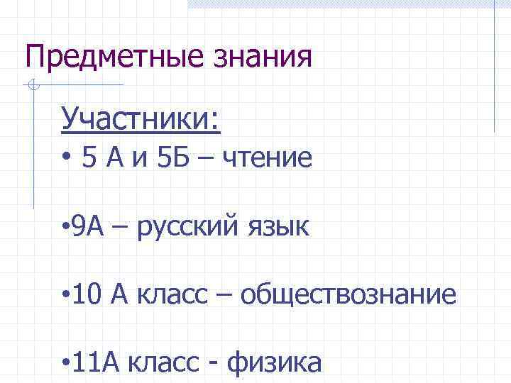 Предметные знания Участники: • 5 А и 5 Б – чтение • 9 А