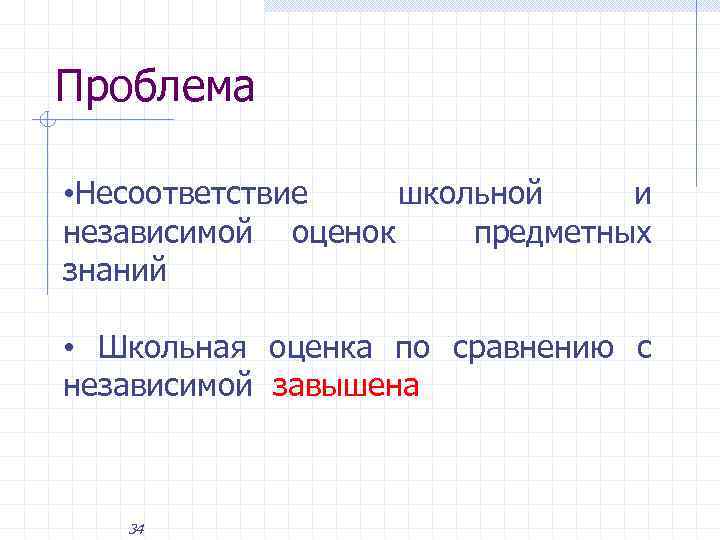 Проблема • Несоответствие школьной и независимой оценок предметных знаний • Школьная оценка по сравнению