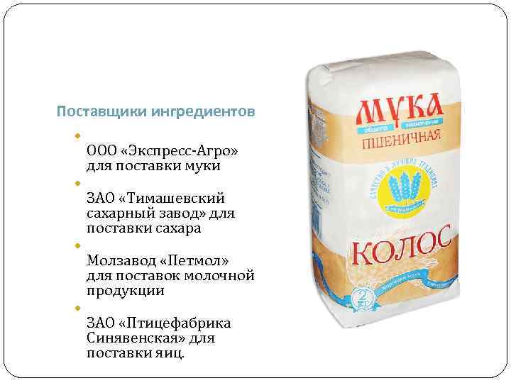 Поставщики ингредиентов ООО «Экспресс-Агро» для поставки муки ЗАО «Тимашевский сахарный завод» для поставки сахара