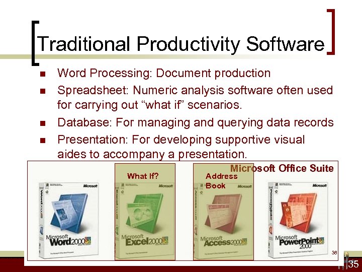 Traditional Productivity Software n n Word Processing: Document production Spreadsheet: Numeric analysis software often