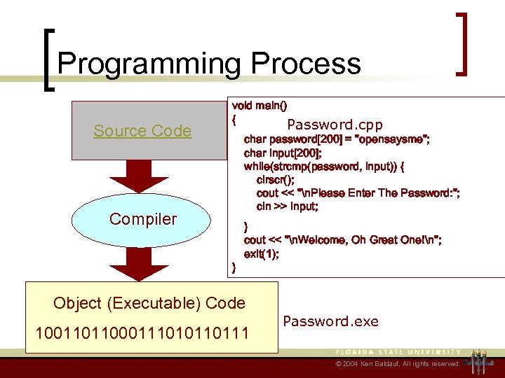 Programming Process Source Code Compiler void main() { Password. cpp char password[200] = 