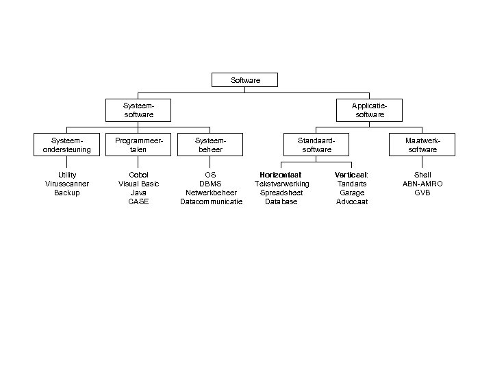 Software Systeemsoftware Applicatiesoftware Systeemondersteuning Programmeertalen Systeembeheer Utility Virusscanner Backup Cobol Visual Basic Java CASE