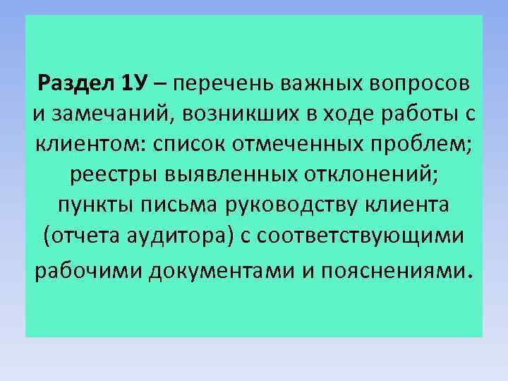 Раздел 1 У – перечень важных вопросов и замечаний, возникших в ходе работы с