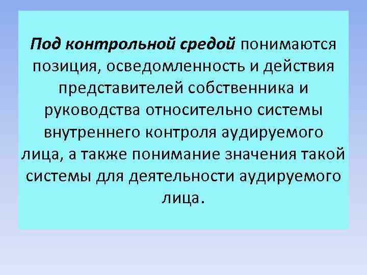 Под контрольной средой понимаются позиция, осведомленность и действия представителей собственника и руководства относительно системы