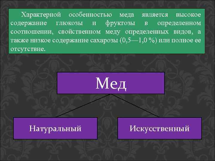 Характерной особенностью меда является высокое содержание глюкозы и фруктозы в определенном соотношении, свойственном меду