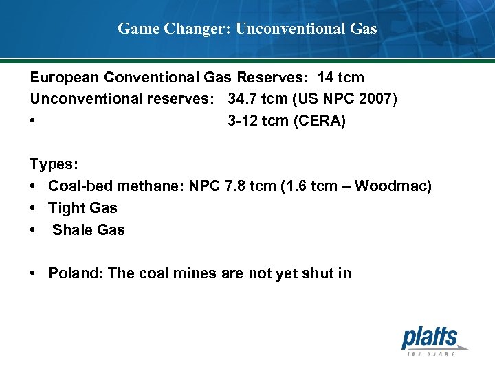 Game Changer: Unconventional Gas European Conventional Gas Reserves: 14 tcm Unconventional reserves: 34. 7