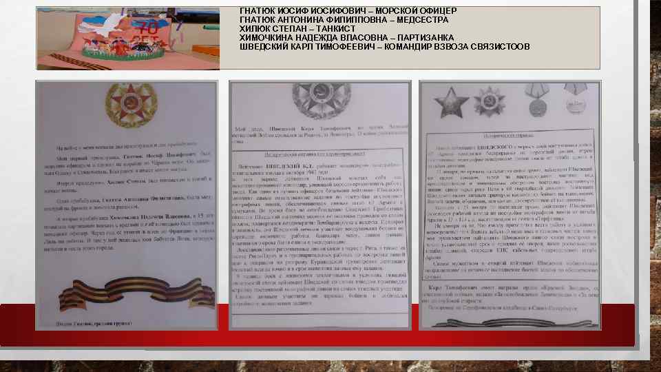 ГНАТЮК ИОСИФОВИЧ – МОРСКОЙ ОФИЦЕР ГНАТЮК АНТОНИНА ФИЛИППОВНА – МЕДСЕСТРА ХИЛЮК СТЕПАН – ТАНКИСТ