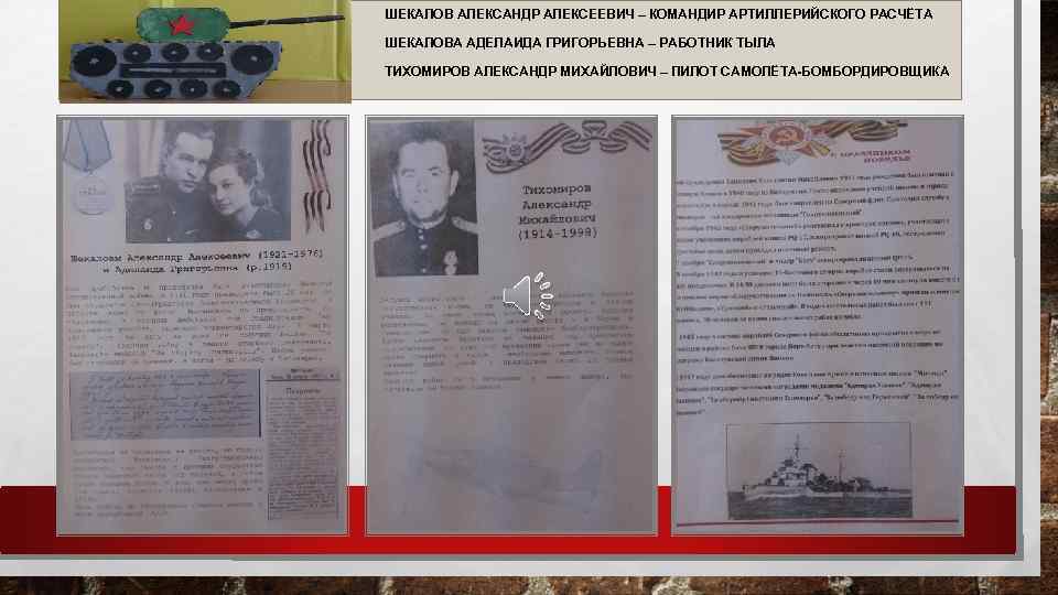 ШЕКАЛОВ АЛЕКСАНДР АЛЕКСЕЕВИЧ – КОМАНДИР АРТИЛЛЕРИЙСКОГО РАСЧЁТА ШЕКАЛОВА АДЕЛАИДА ГРИГОРЬЕВНА – РАБОТНИК ТЫЛА ТИХОМИРОВ