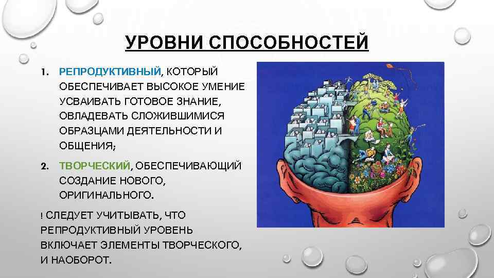 УРОВНИ СПОСОБНОСТЕЙ 1. РЕПРОДУКТИВНЫЙ, КОТОРЫЙ ОБЕСПЕЧИВАЕТ ВЫСОКОЕ УМЕНИЕ УСВАИВАТЬ ГОТОВОЕ ЗНАНИЕ, ОВЛАДЕВАТЬ СЛОЖИВШИМИСЯ ОБРАЗЦАМИ