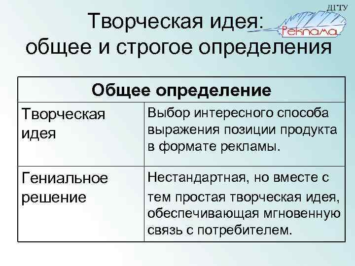 Творческая идея: общее и строгое определения Общее определение Творческая идея Выбор интересного способа выражения