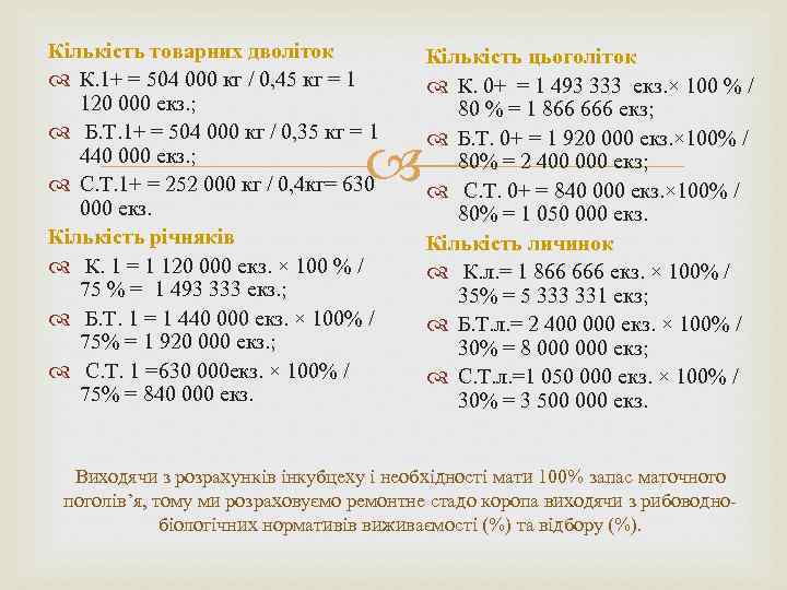 Кількість товарних дволіток Кількість цьоголіток К. 1+ = 504 000 кг / 0, 45