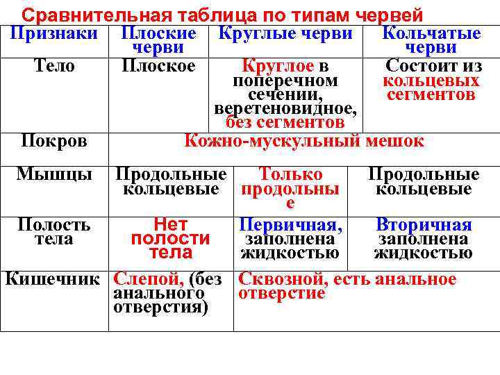 Сравнительная таблица по типам червей Признаки Плоские Круглые черви Кольчатые черви Тело Плоское Круглое