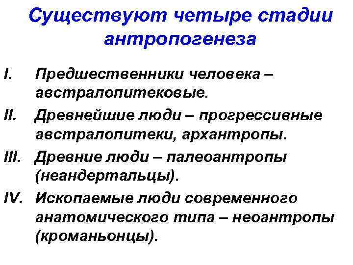 Существуют четыре стадии антропогенеза I. Предшественники человека – австралопитековые. II. Древнейшие люди – прогрессивные