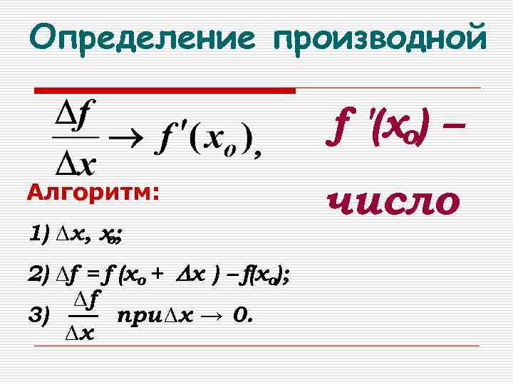 Определение производной , Алгоритм: 1) ∆х, х ; о 2) ∆f = f (хо