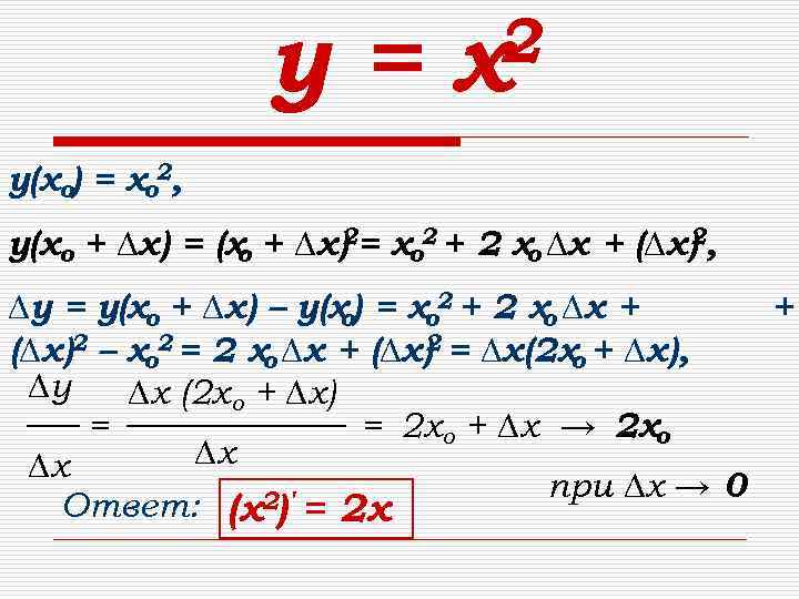 у= 2 х у(хо) = хо 2, у(хо + ∆х) = (х + ∆х)2=