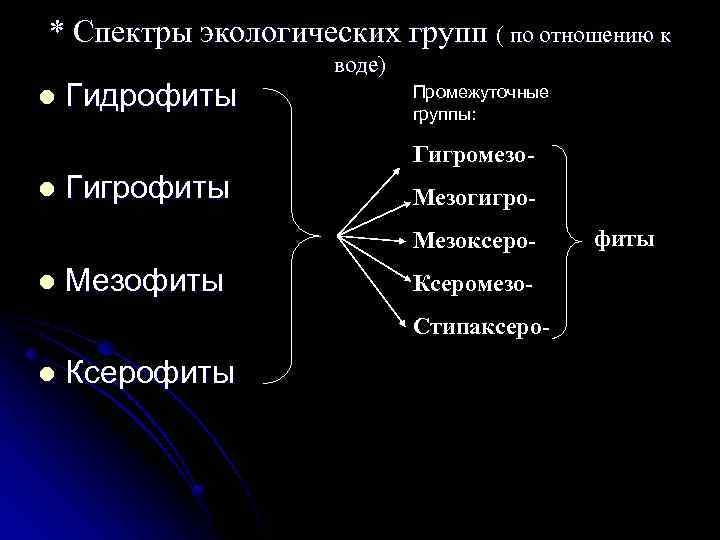 * Спектры экологических групп ( по отношению к l Гидрофиты воде) Промежуточные группы: Гигромезо-
