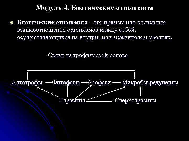 Модуль 4. Биотические отношения l Биотические отношения – это прямые или косвенные взаимоотношения организмов