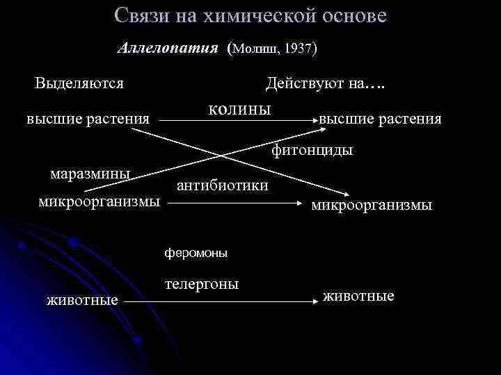 Связи на химической основе Аллелопатия (Молиш, 1937) Выделяются высшие растения Действуют на…. колины высшие